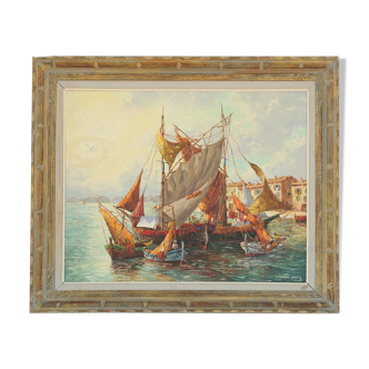 Lucien XIM oil on framed canvas "sailing in port"