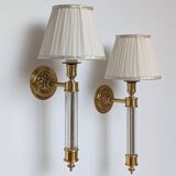 Pair of gilded bronze and plexiglass wall lights