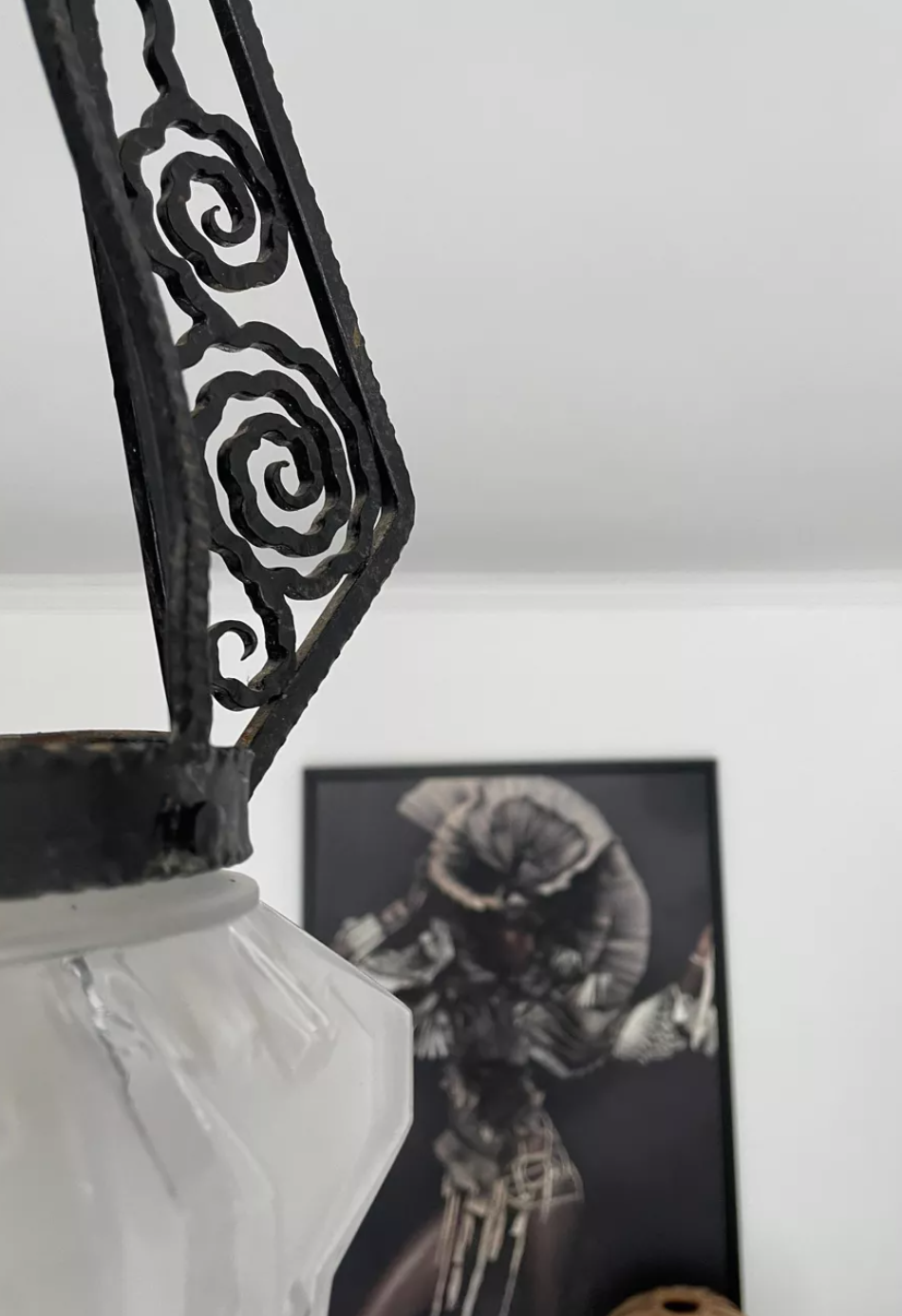 Hanging lamp in wrought iron and pressed molded glass, art nouveau
