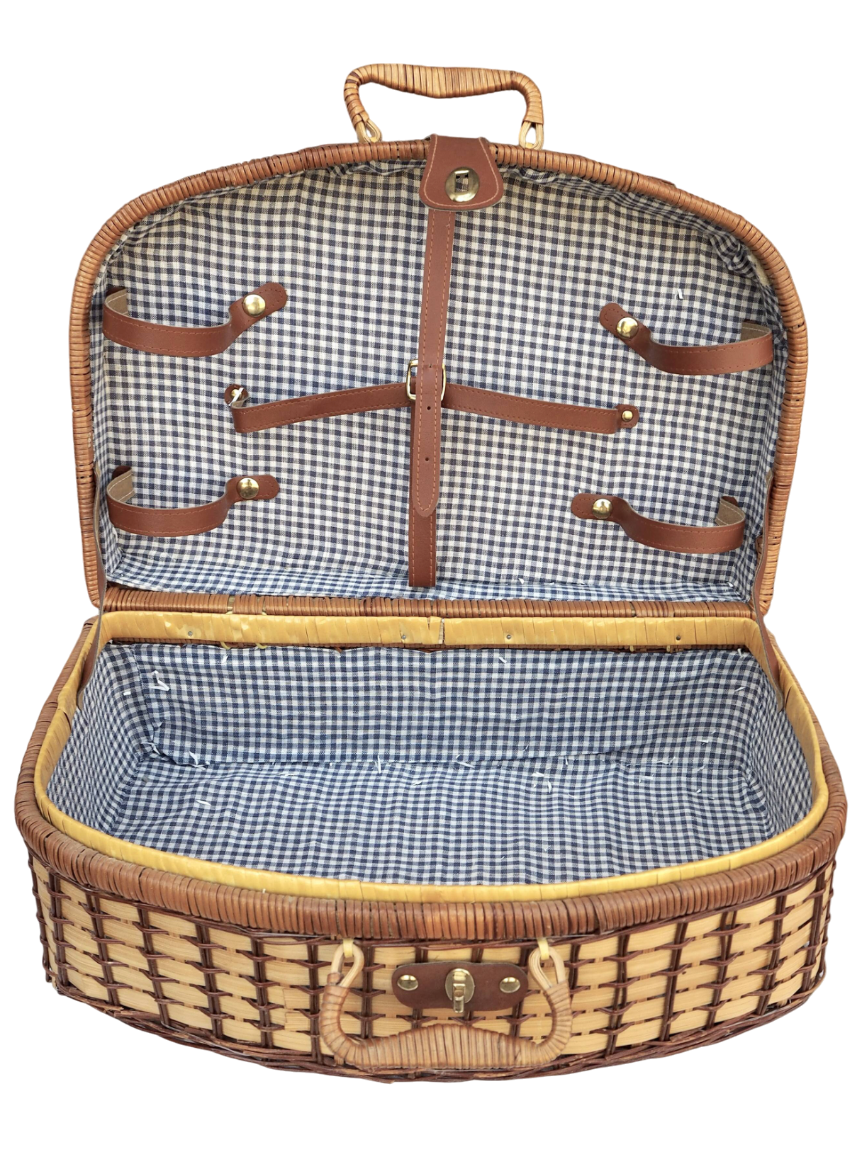 Wicker picnic basket, blue gingham interior.