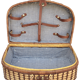 Wicker picnic basket, blue gingham interior.