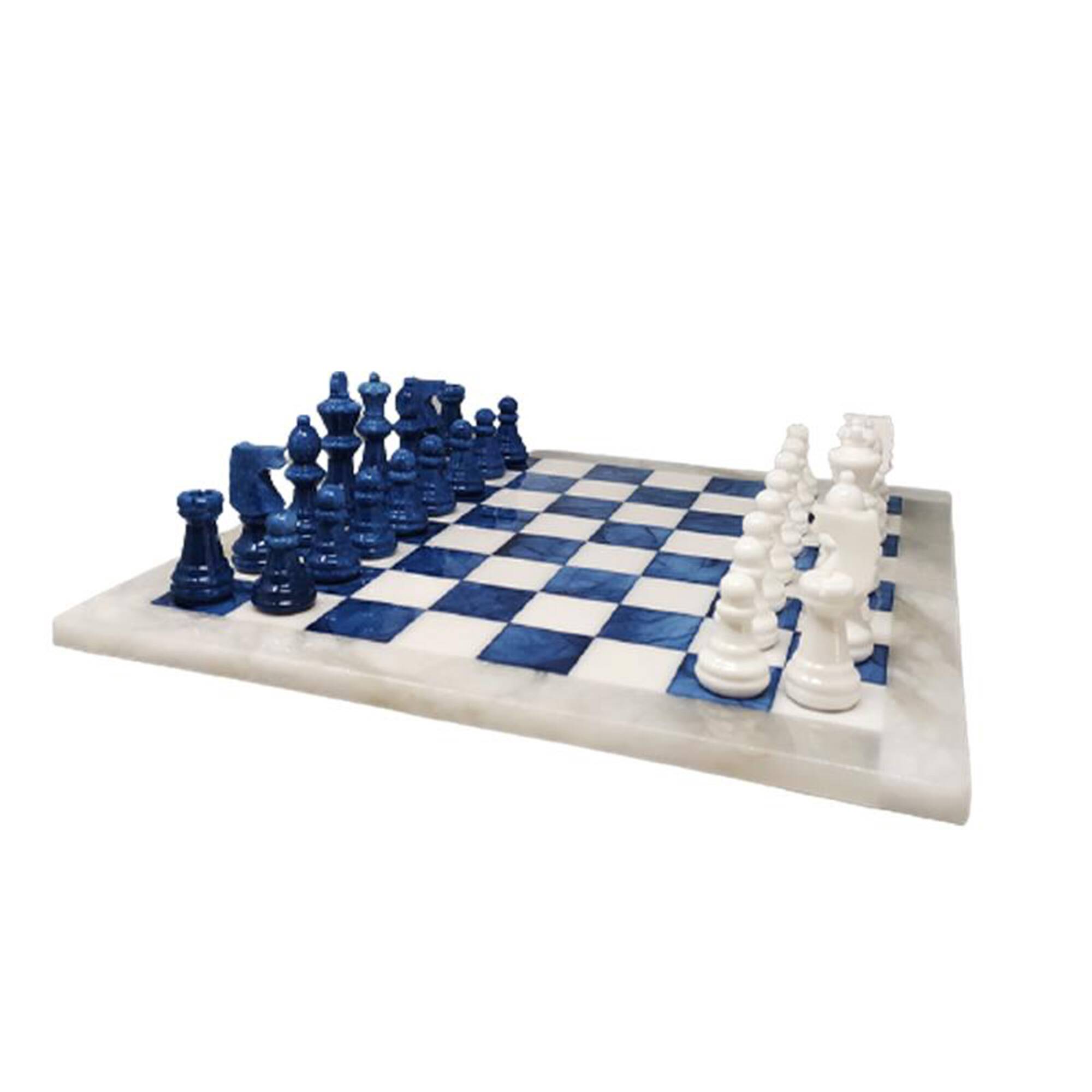 1970s Blue and White Chess Set in Volterra Alabaster Handmade. Made