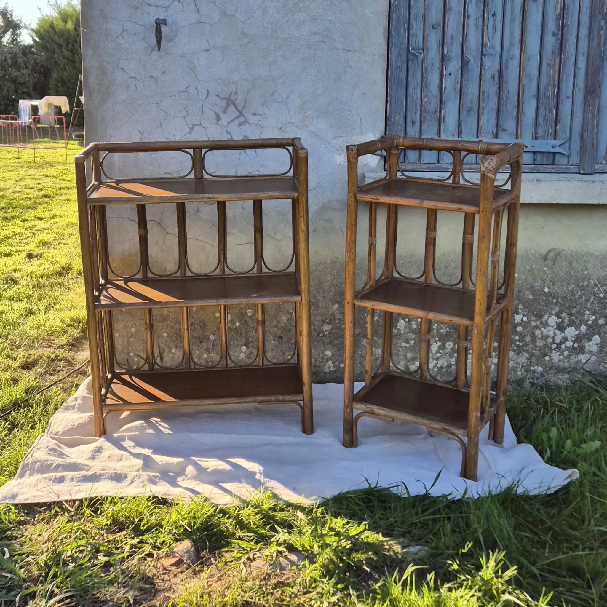 Set of 2 vintage bamboo rattan bedside shelves