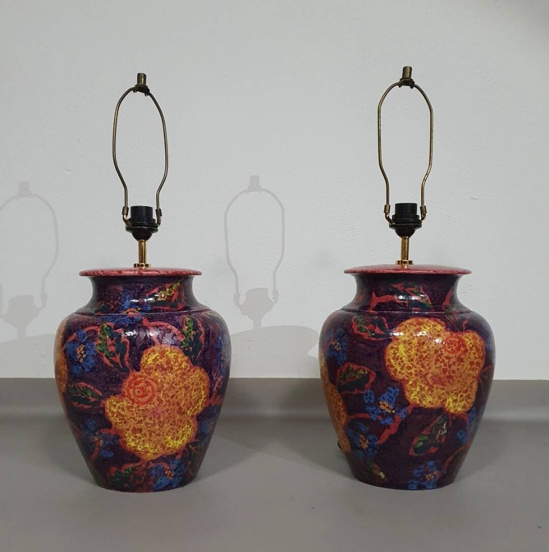 Hand - turned ceramic / glazed vase lamp holders French 1980s