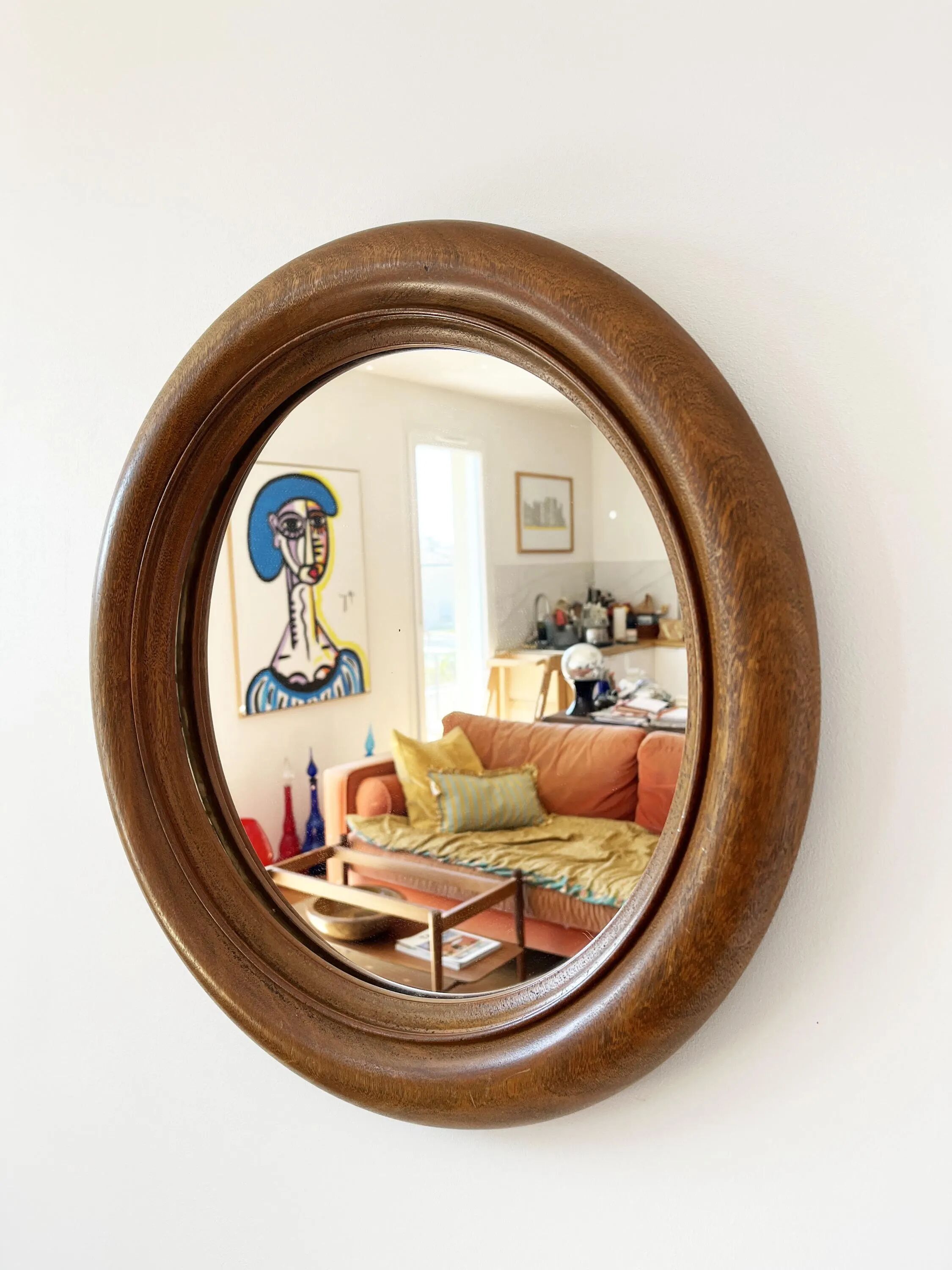 Large round antique solid wood mirror, 49cm