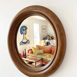 Large round antique solid wood mirror, 49cm