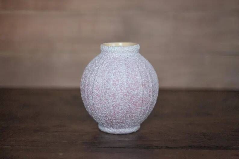 Signed crinkled enamel round vase, pink Art Deco vase, interior decoration, collection