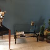Coffee table in glass  black metal and brass vintage 1950