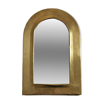 Miroir mural arche en laiton poli, patiné, artisanat marocain, 43 x 28 cm