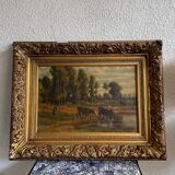 Watering cows painting signed E. Debat Ponsan 1906