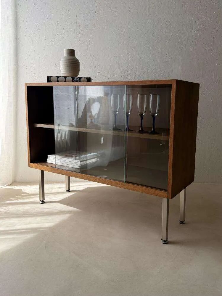 Walnut display cabinet from the 60s with smoked glass