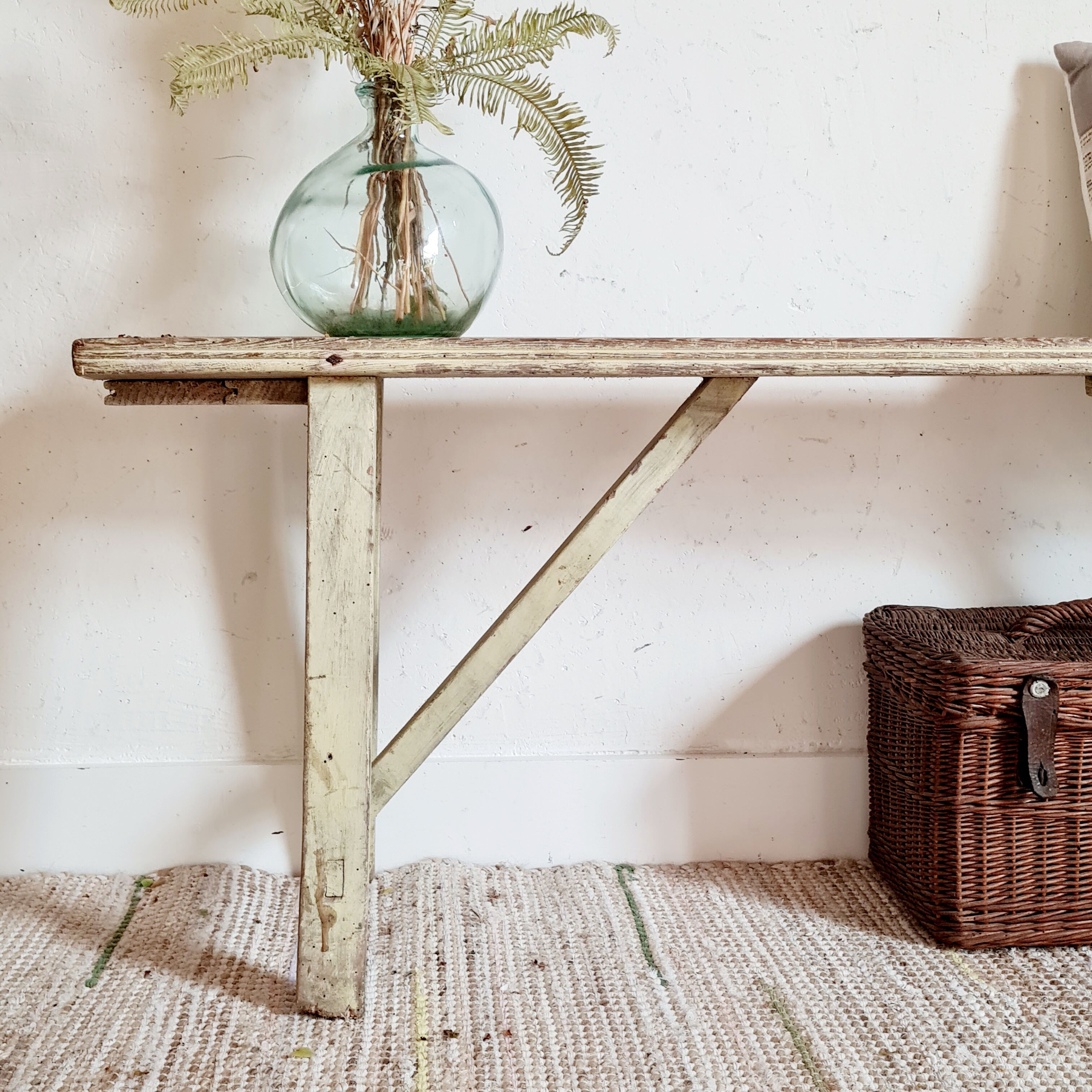 Banc de ferme ancien patine vert d'eau
