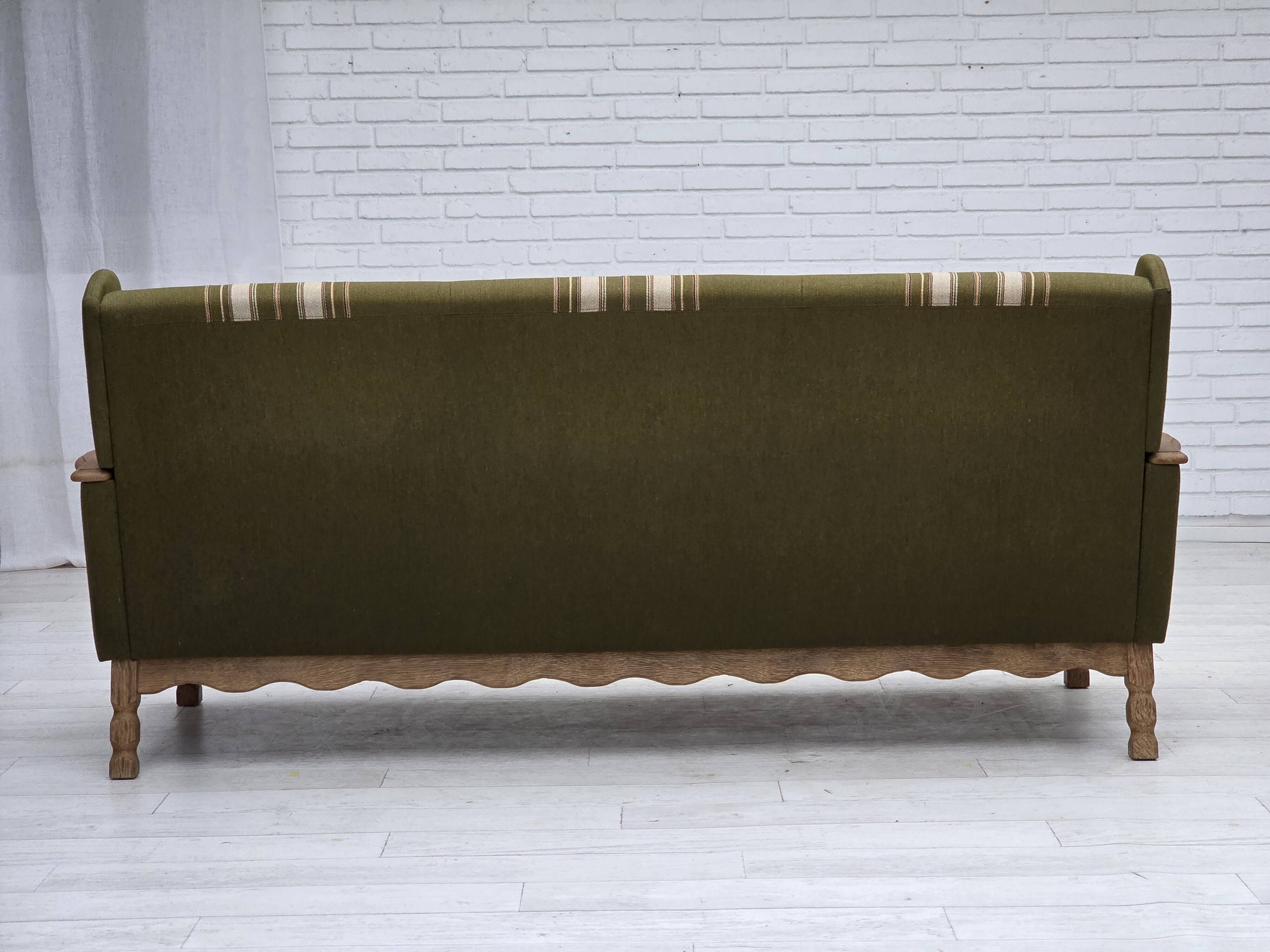 1970s, Danish 3-seater sofa, furniture wool, solid oak wood.