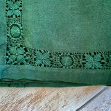 Convent tablecloth and its 4 openwork towels tinted fir green - 115x115cm -mixed linen & cotton