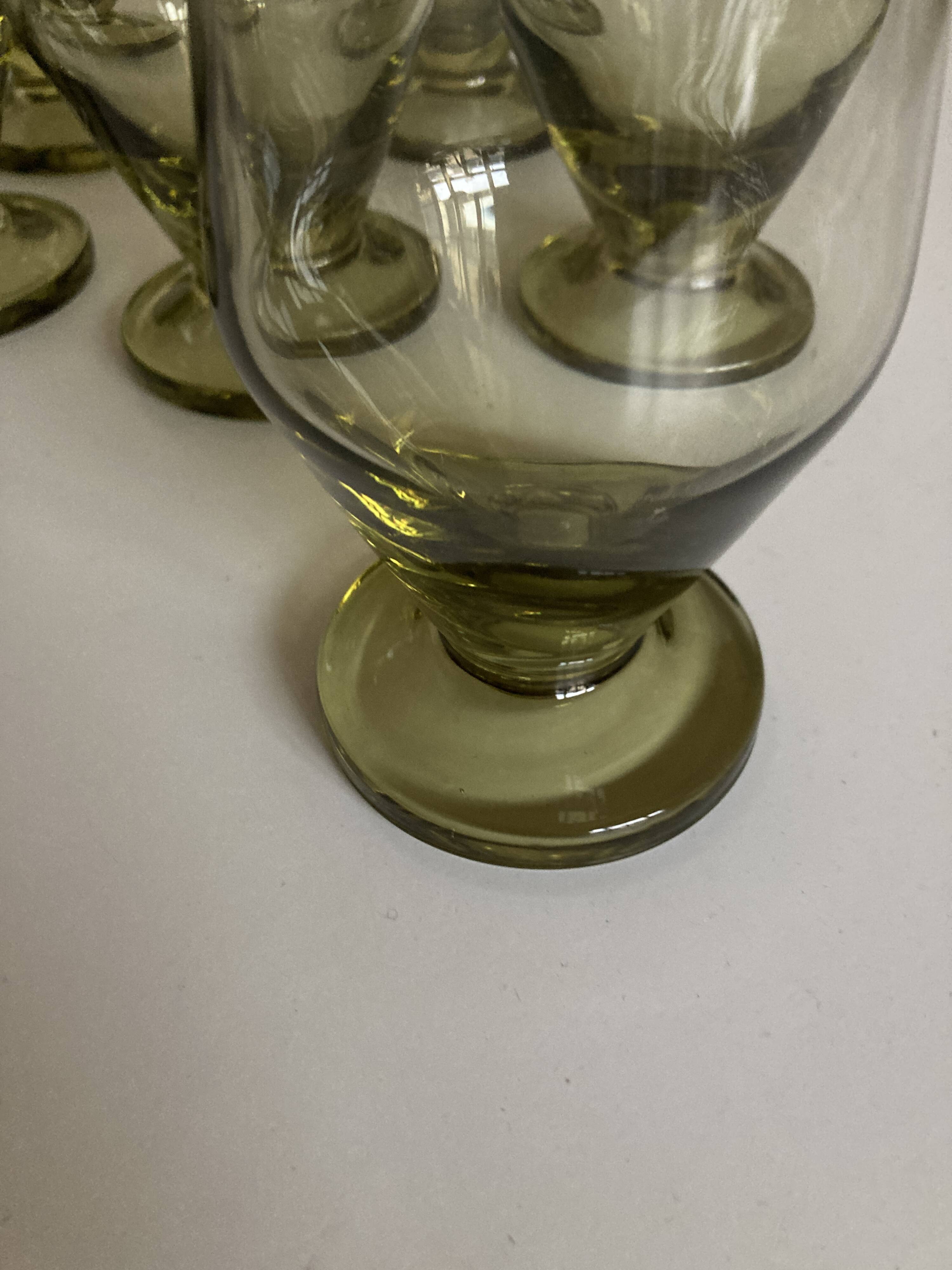 Set of 7 modernist lime green stemmed glasses 1950