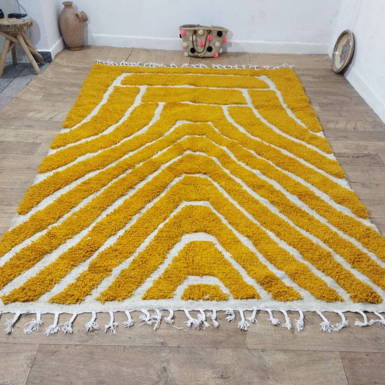 Large Moroccan Berber rug in mustard yellow and ecru, 293 x 200 cm.