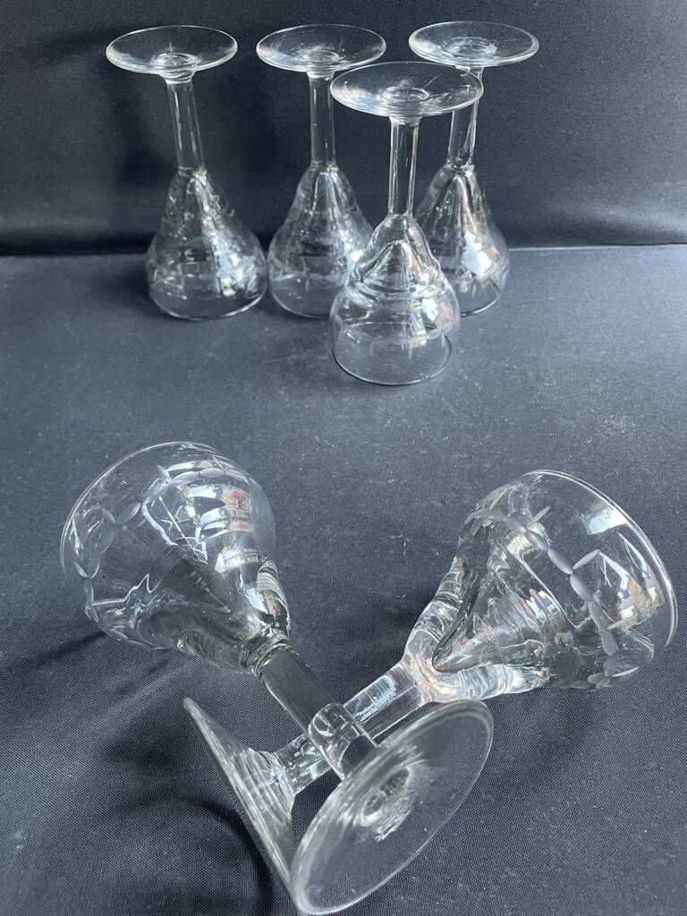 6 old blown and cut bistro glasses