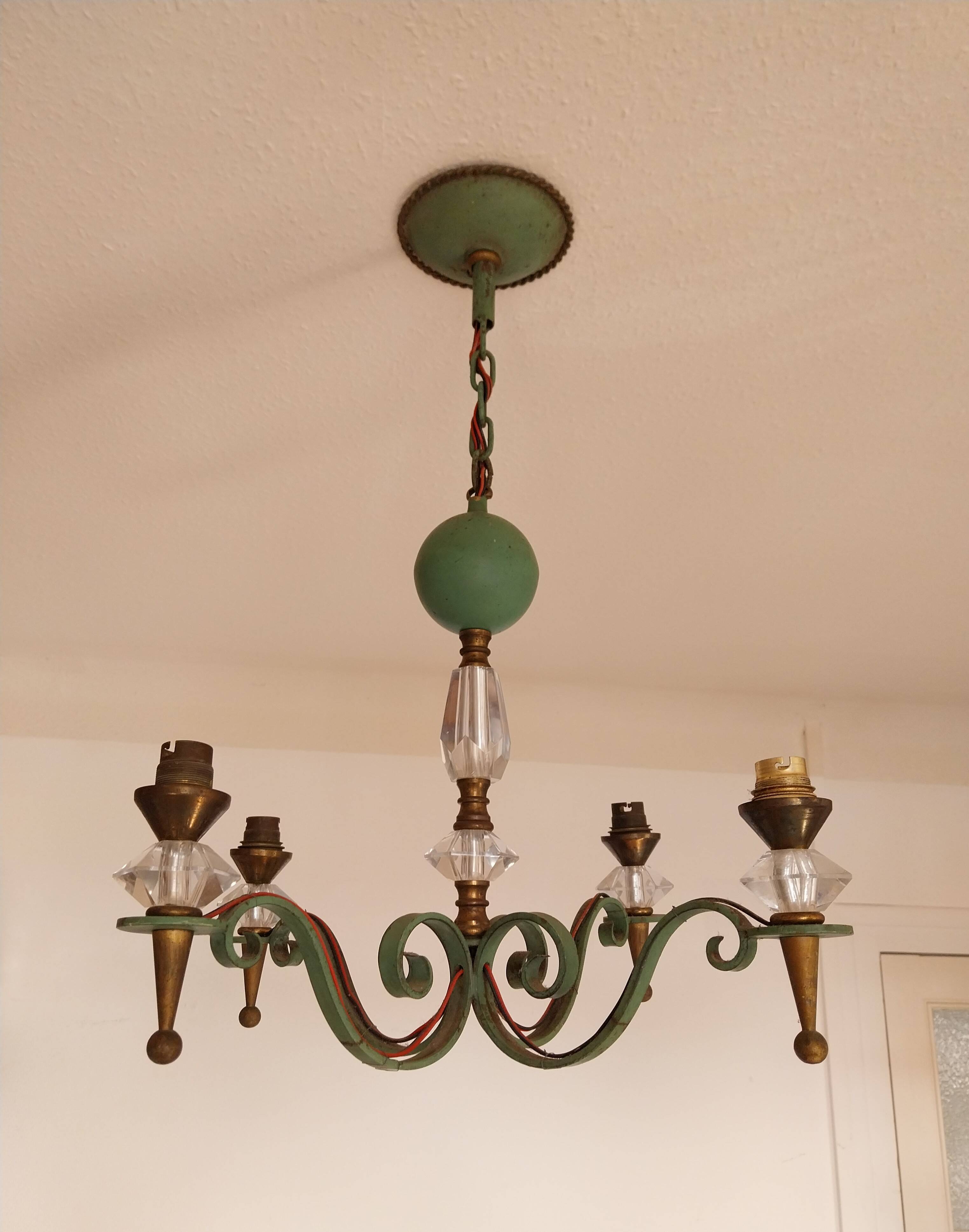 Lustre Art déco en fer forgé laiton et verre