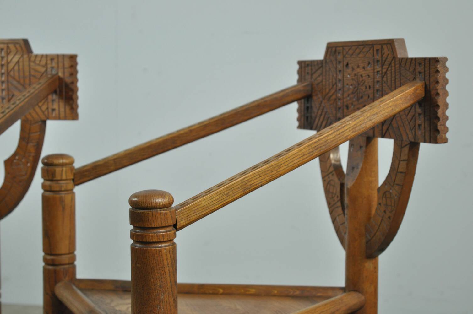 Pair of vintage antique Scandinavian oak Monk chairs, Sweden 1950s