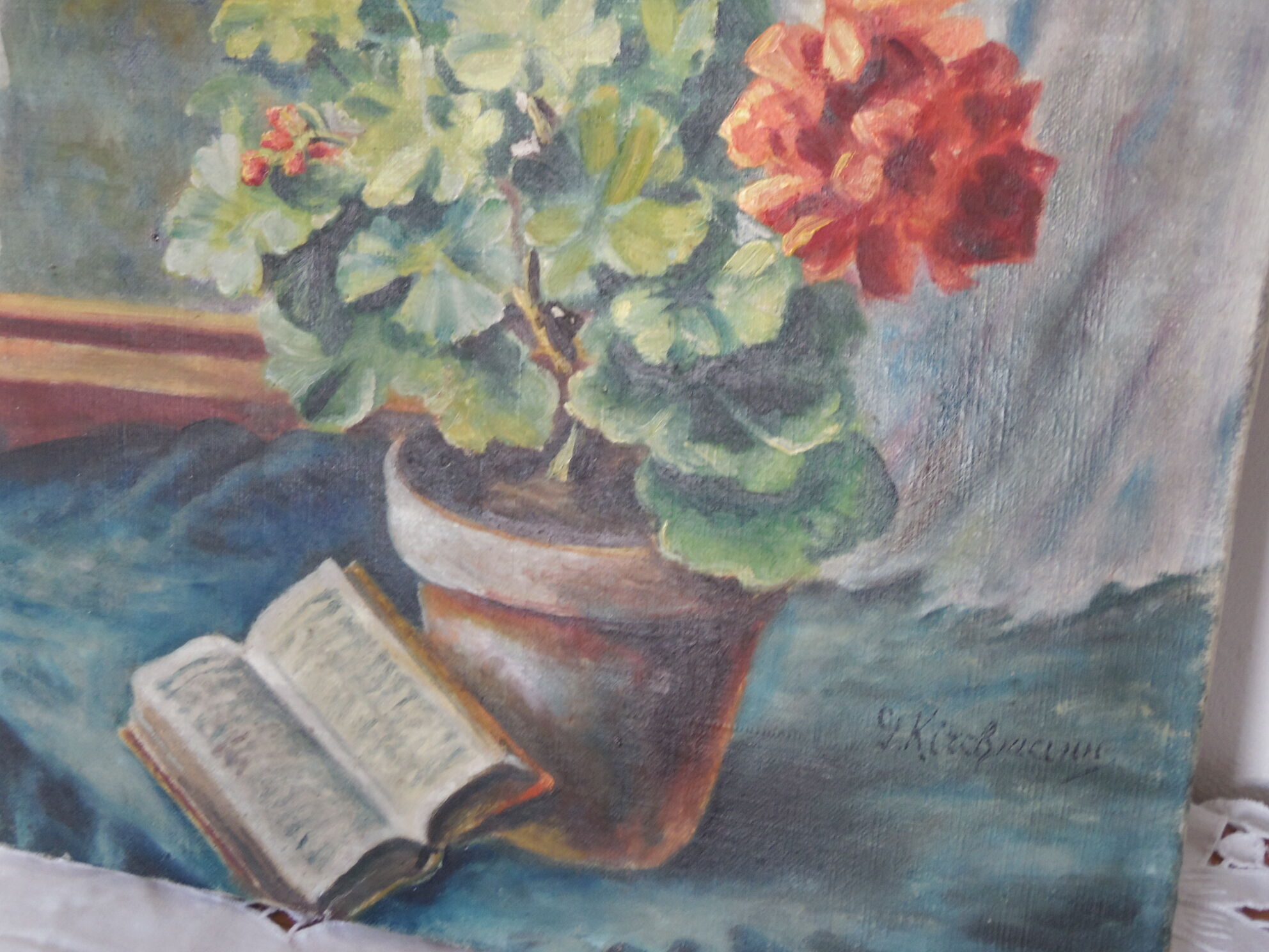 Peinture a l'huile signé, nature morte  pot de geranium