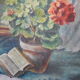 Peinture a l'huile signé, nature morte  pot de geranium