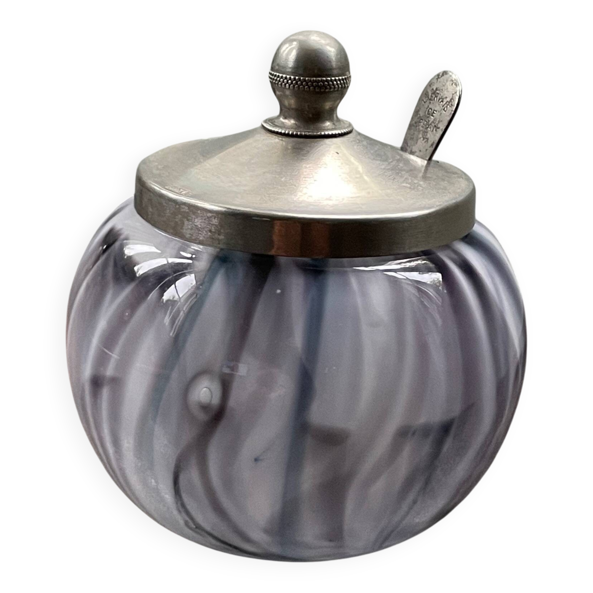 antique mustard pot in blown glass and silver-plated metal EPNS late 19th century