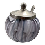 antique mustard pot in blown glass and silver-plated metal EPNS late 19th century