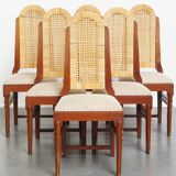 et of 6 wooden Art Deco design dining chairs with a wicker seat and backrest