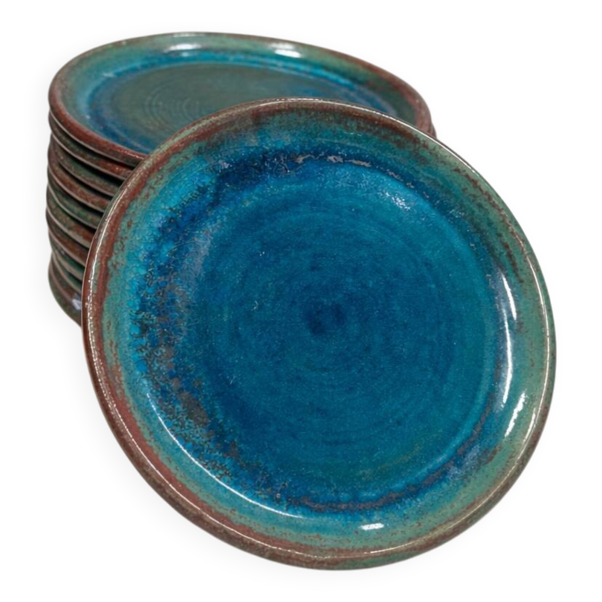 Set of 6 stoneware plates signed Tournay – Turquoise glaze – Vintage years