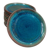 Set of 6 stoneware plates signed Tournay – Turquoise glaze – Vintage years