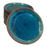 Lot de 6 assiettes en grès signé Tournay – Émail turquoise – Vintage années
