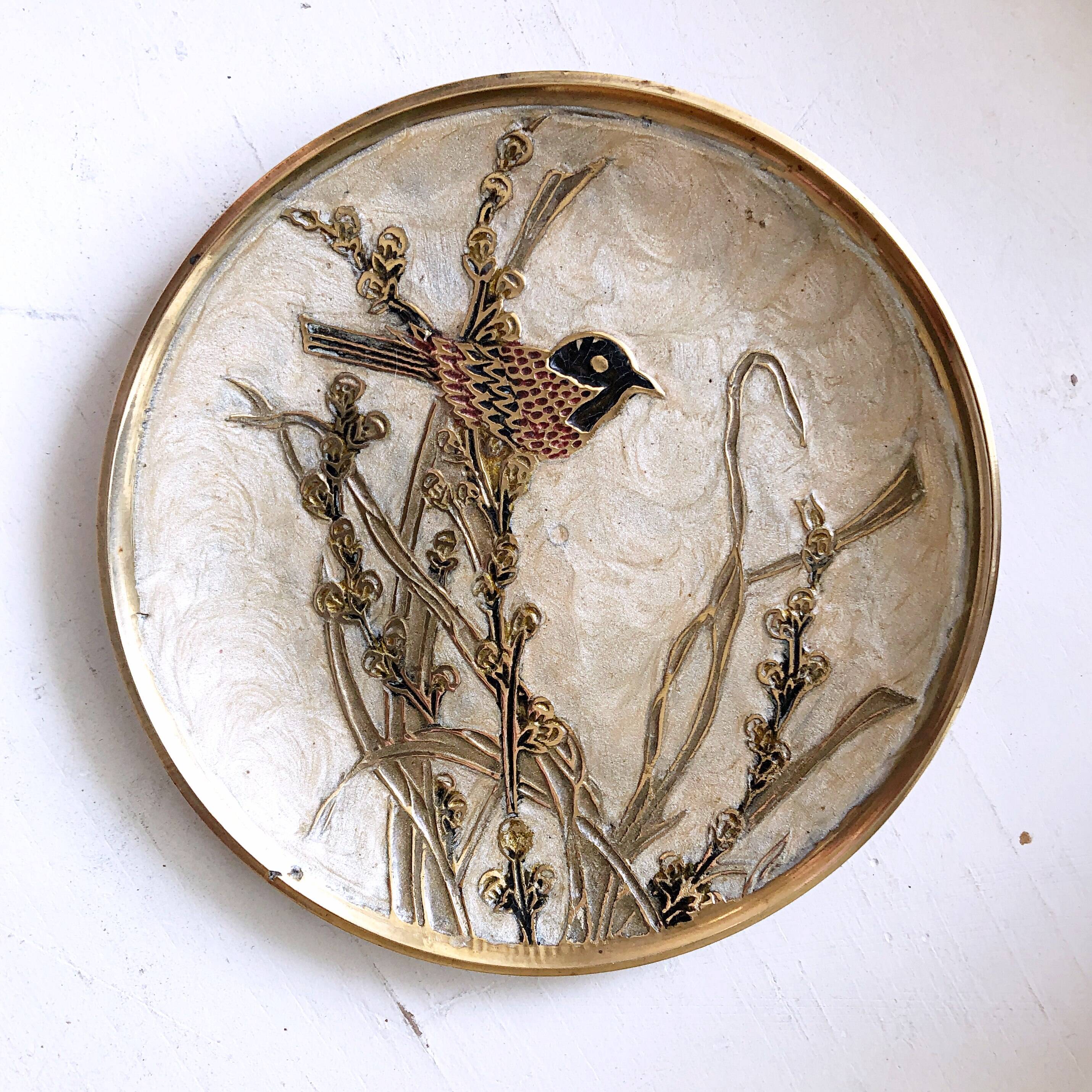Coupelle  ou vide-poche laiton émaillé décor d'oiseau