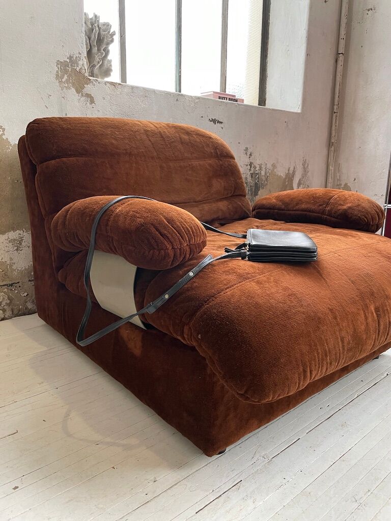 Pair 70s brown velvet armchairs