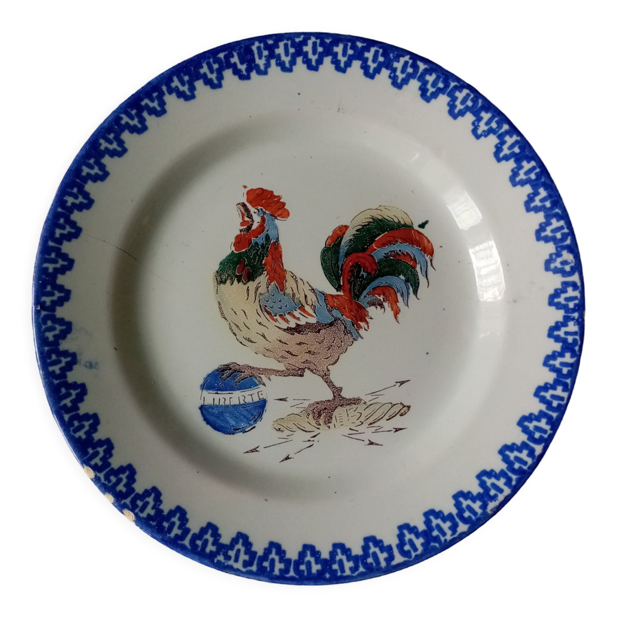 18th century decorative plate in Saint Clement earthenware signed with rooster decoration