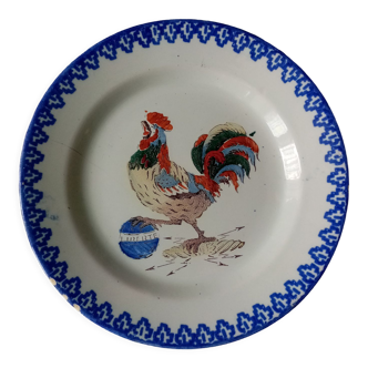 Decoration plate 18th in faience of saint clement signed decor of rooster