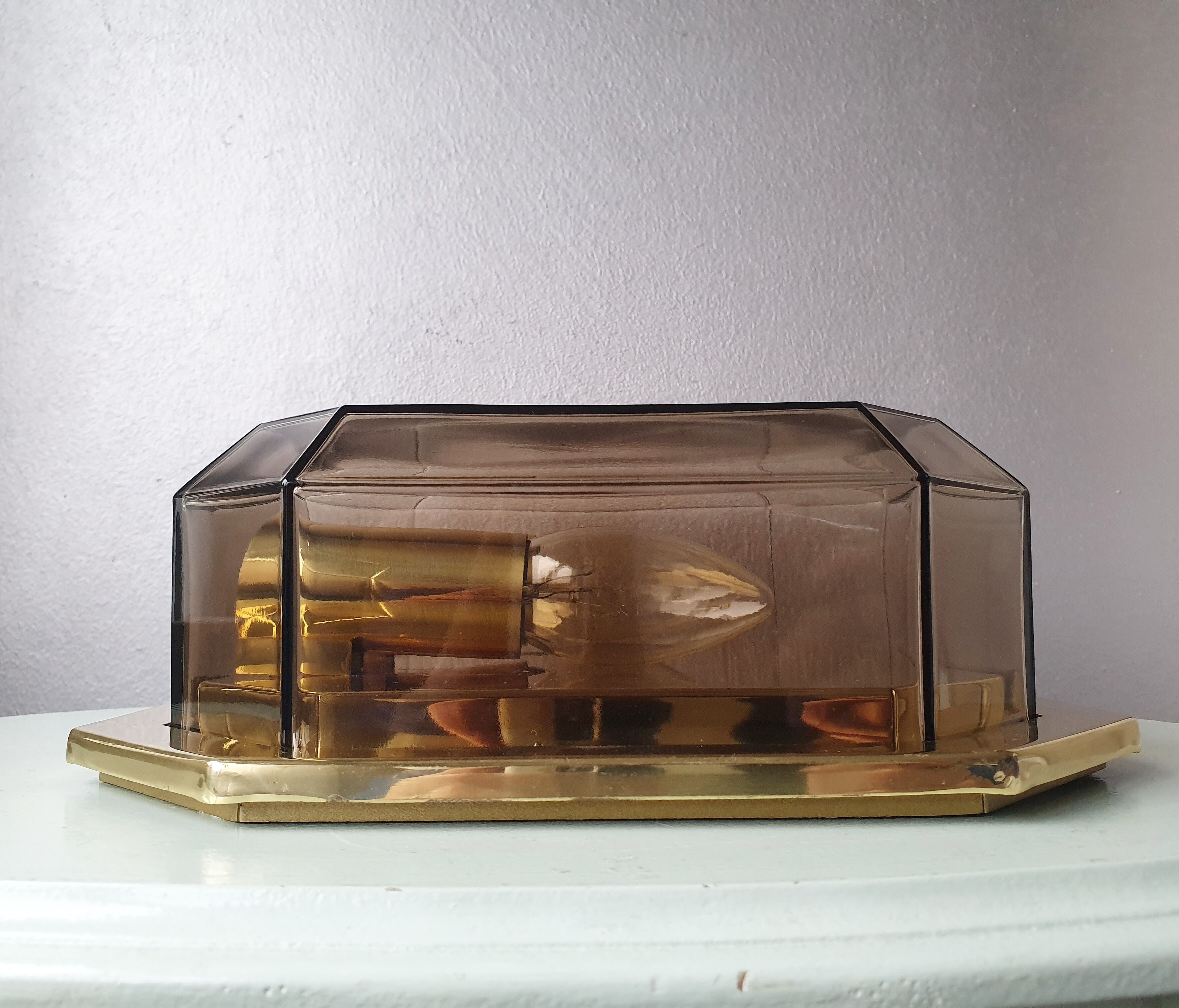 Geometric smoke topaz glass wall lamp, Glashütte Limburg, 80s