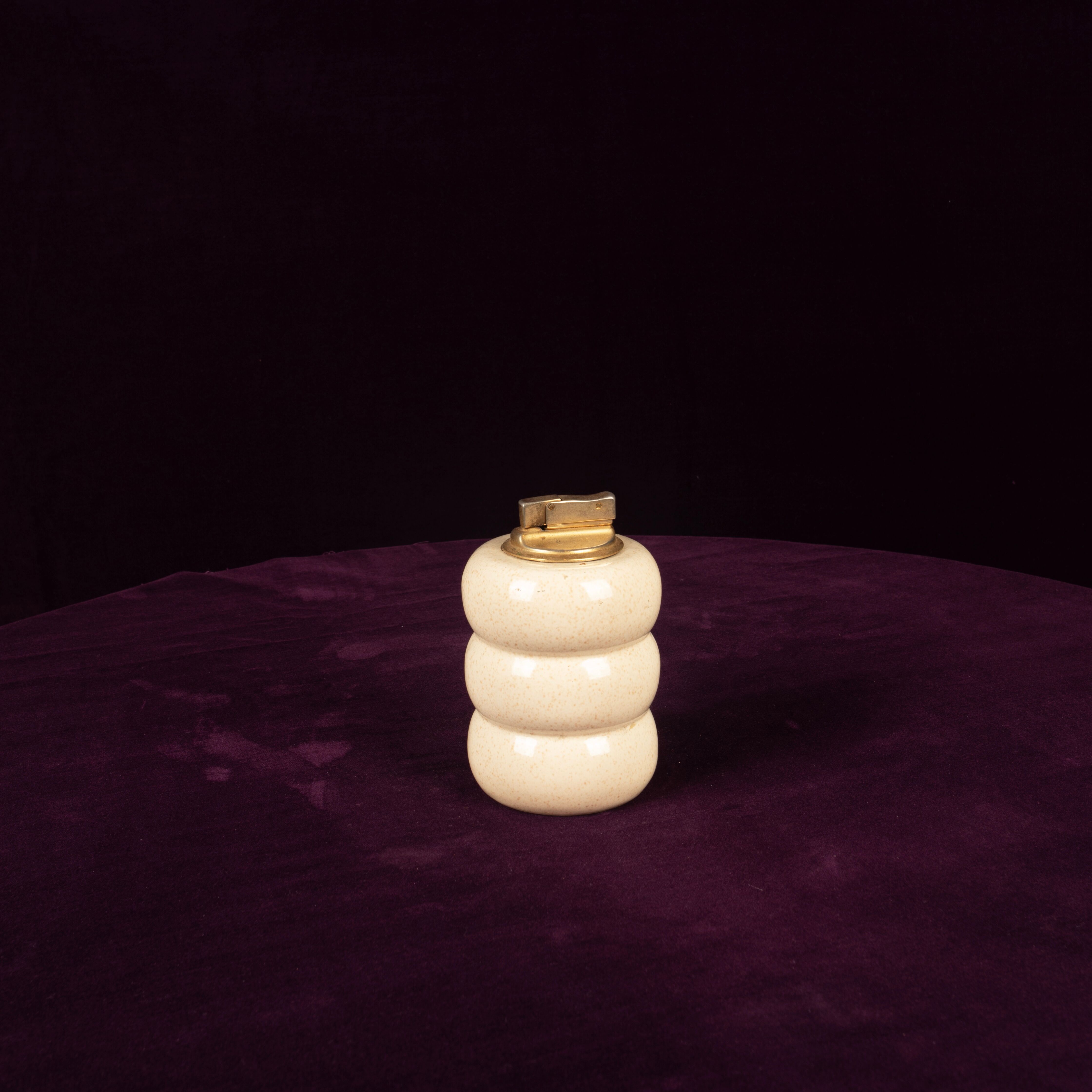Tommaso Barbi Cream Speckled Ceramic and Brass Table Lighter 1970