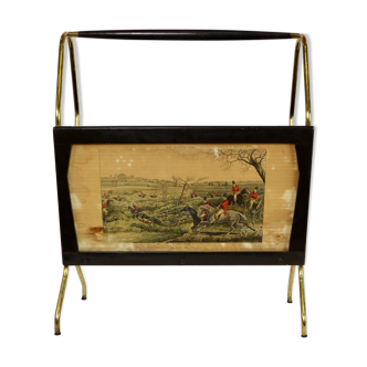 1950s Wooden and brass magazine racks with hunting scene prints