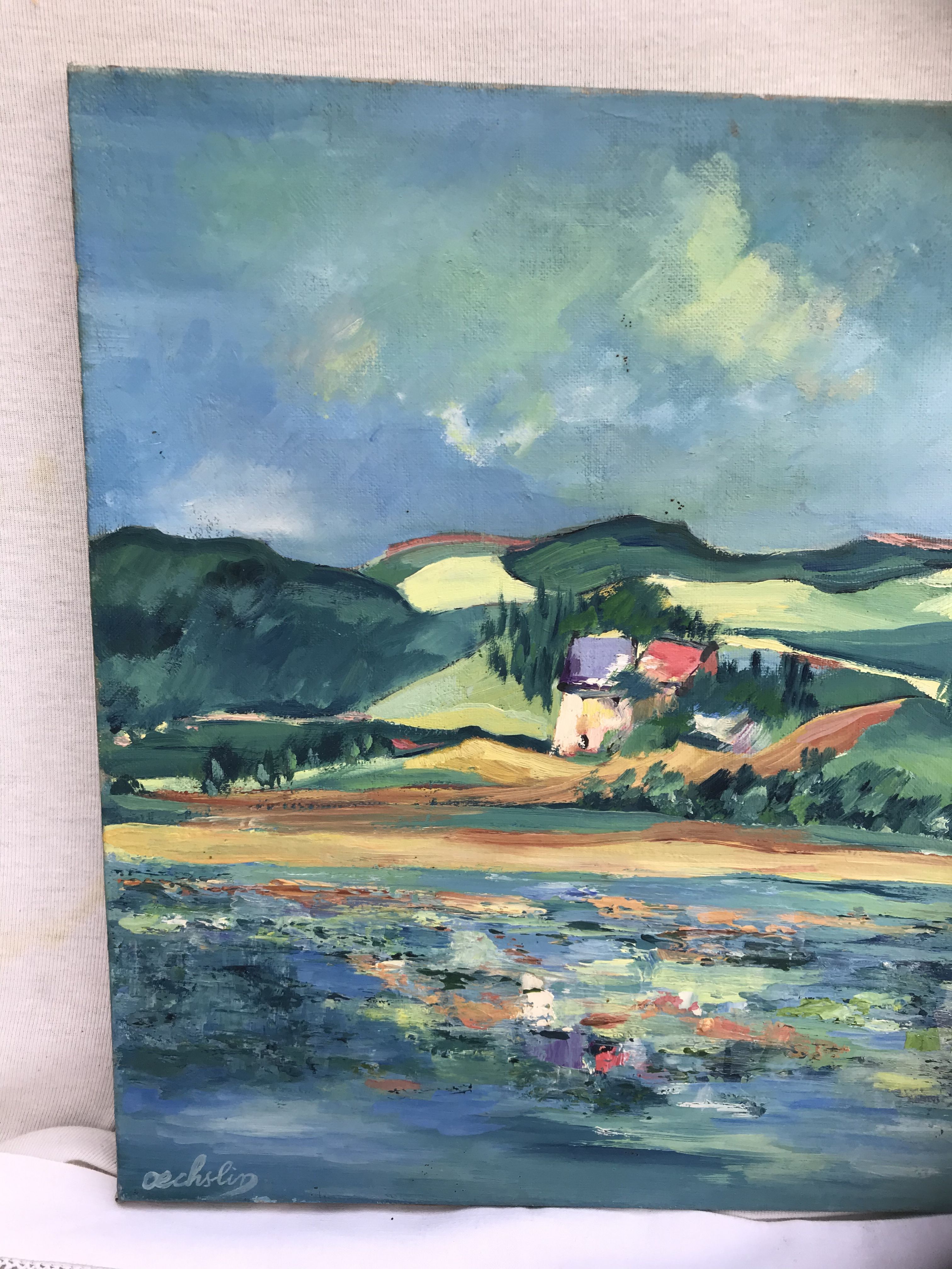 Painting painting oil on canvas Oechslin view village edge of vintage water