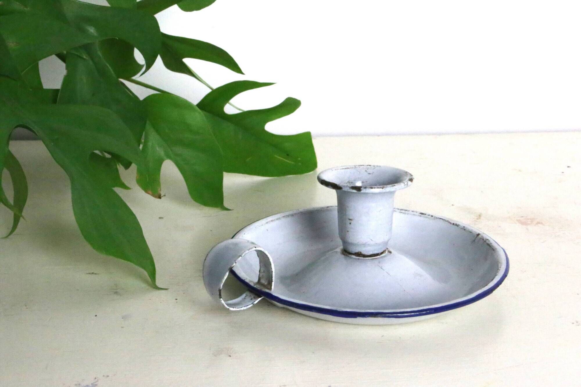 Gray and blue cellar rat candle holder, enameled metal, vintage