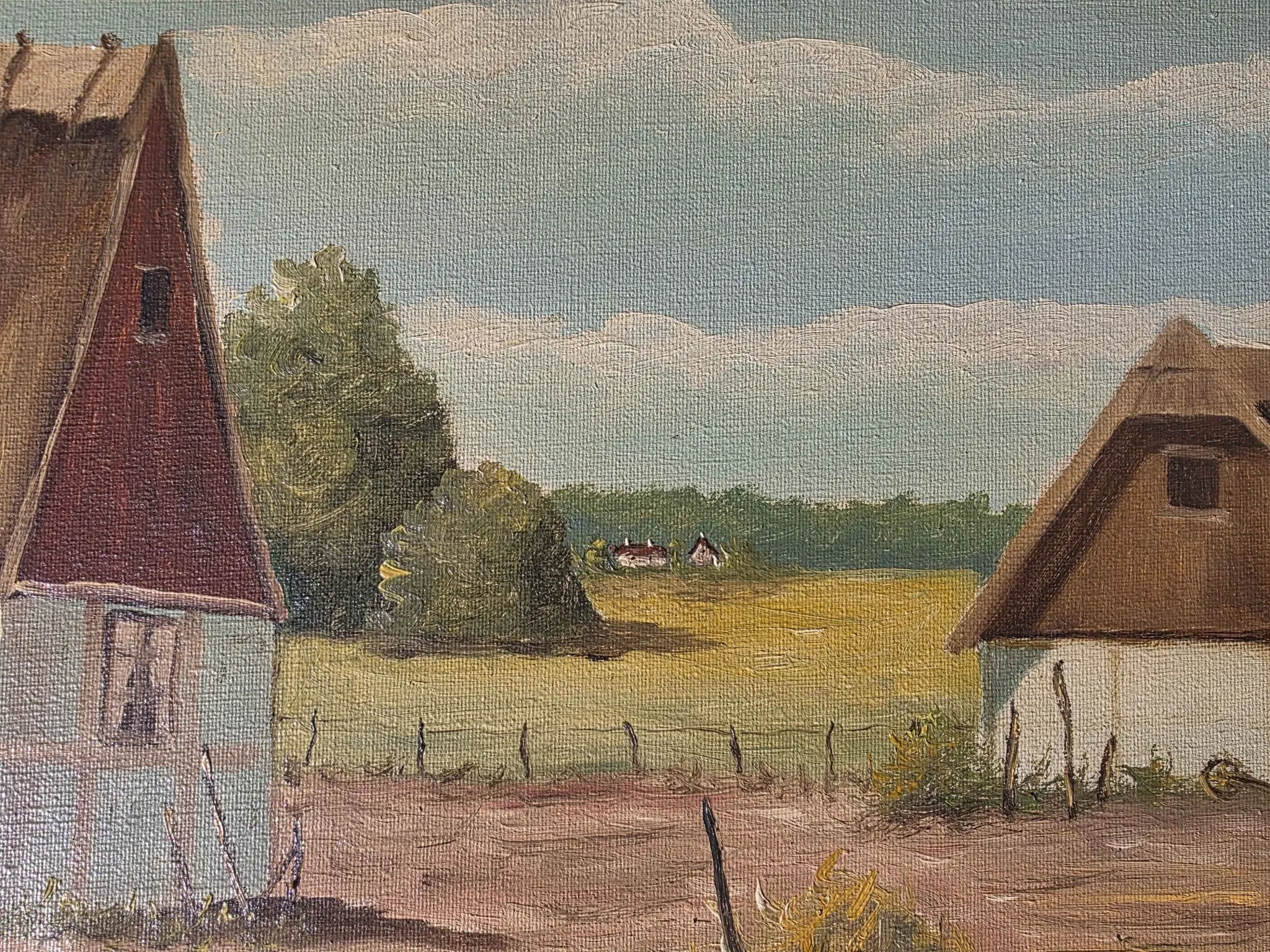 Vintage Oil Painting - Sunlit Farmyard with Chickens