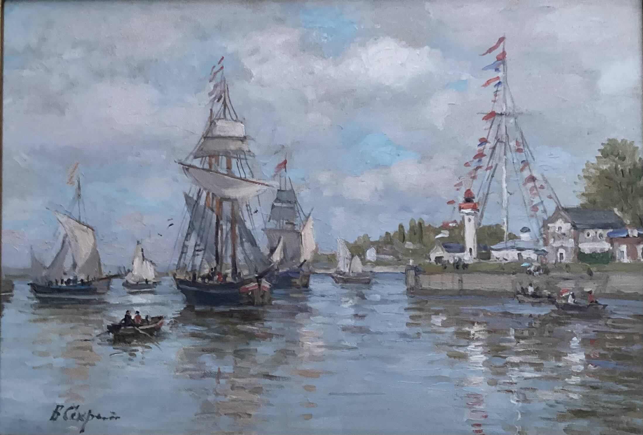 Signed framed painting Oil on canvas “Honfleur” dimensions: height -49cm- width -63 cm-