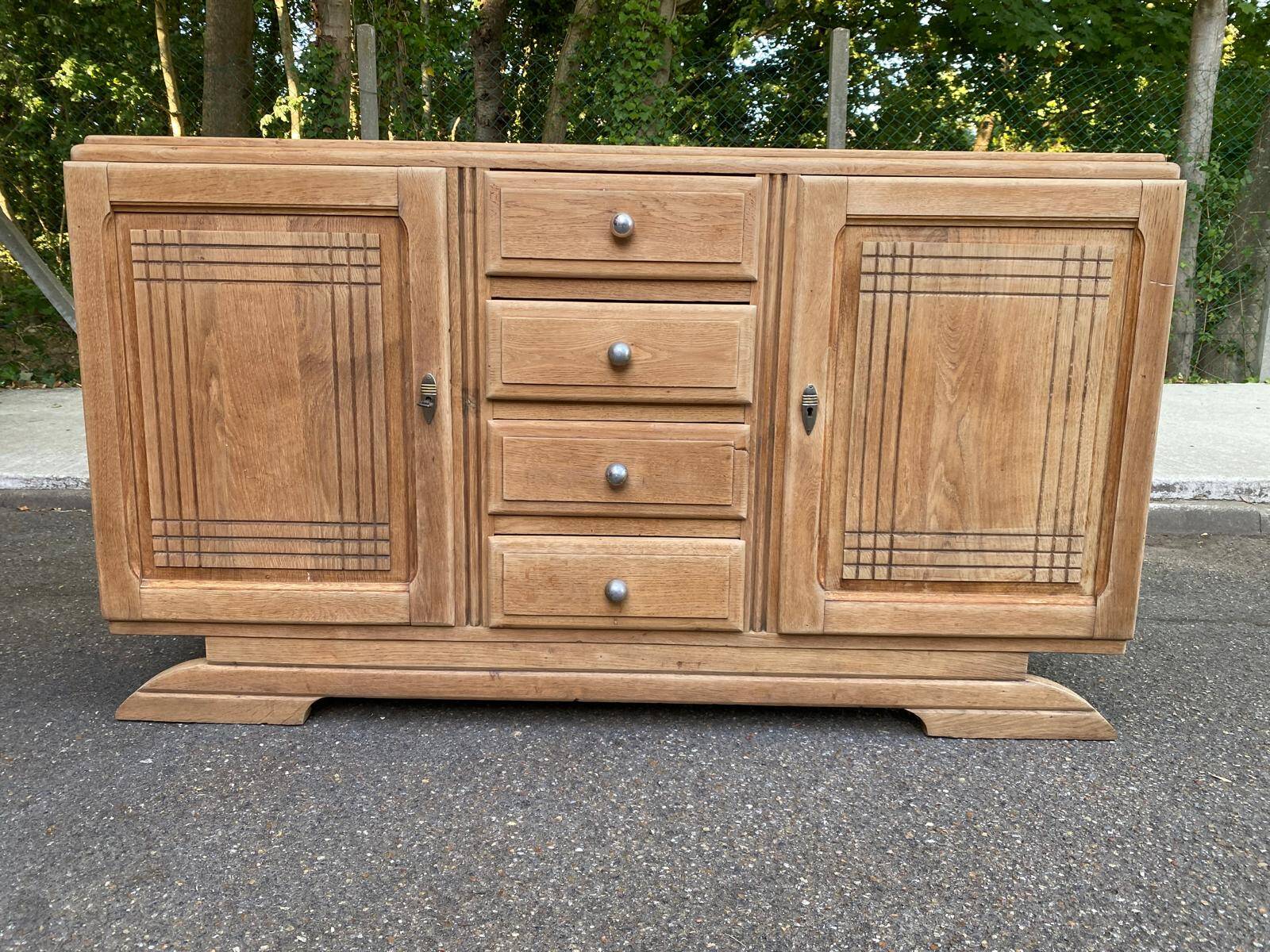 Enfilade Art Deco buffet by Charles Dudouyt, stripped in solid oak, 1930.