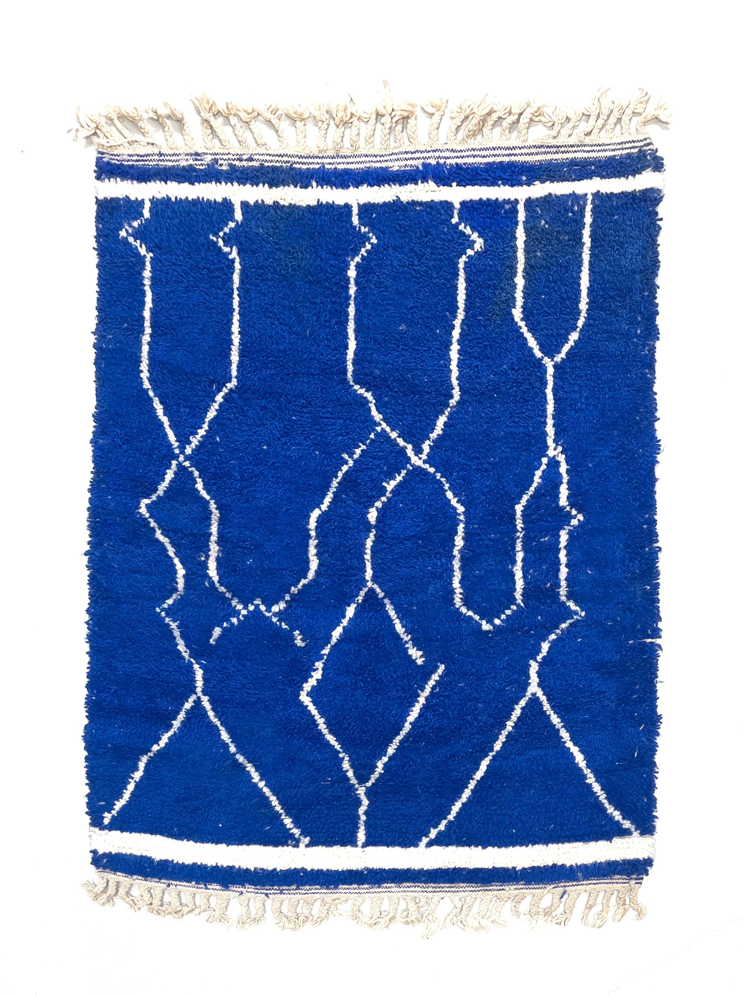 Berber rug Beni Ouarain Majorelle blue with white patterns 1.45x1.08m