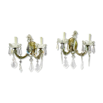 Pair of wall lamps with glass pendants and iron frame XX century