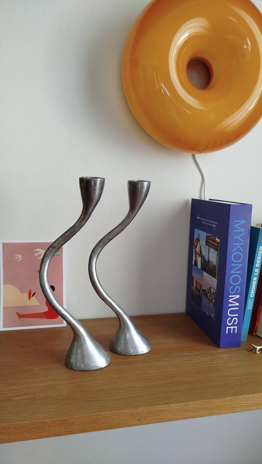 Duo of vintage design metal candlesticks