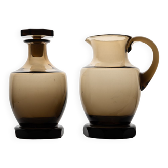 Art deco decanting set in smoked crystal glass