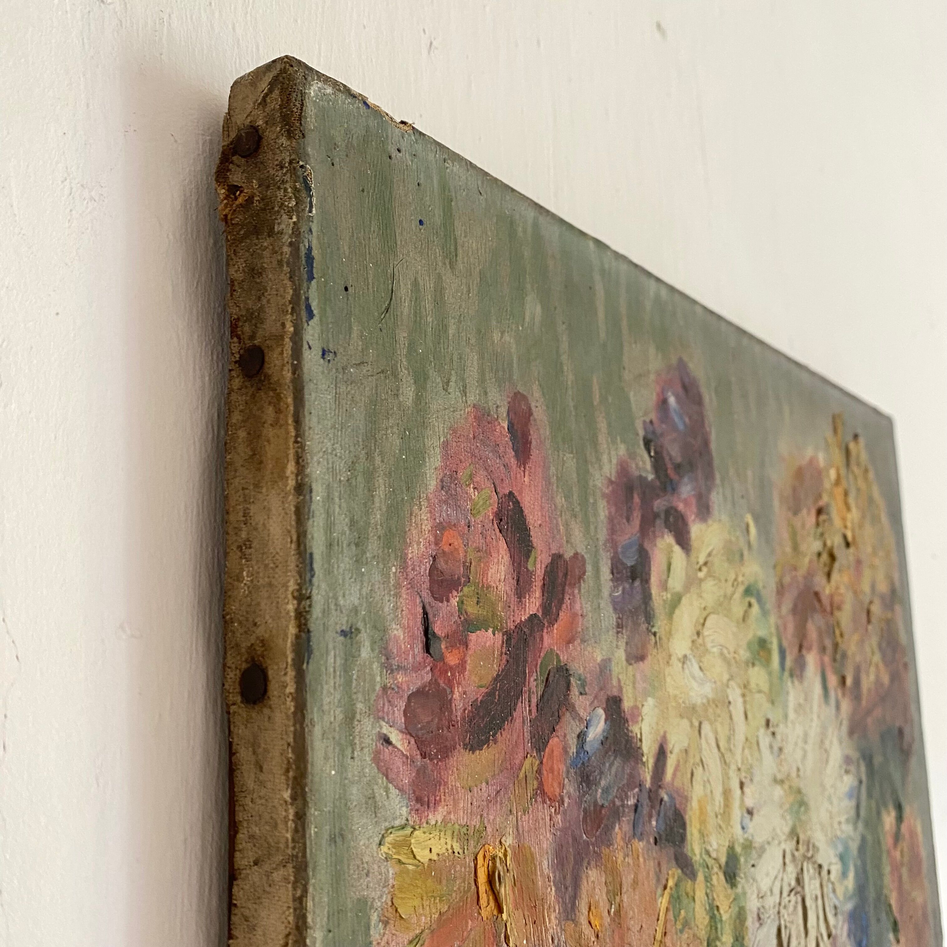 Oil on ancient canvas, still life bouquet of flowers