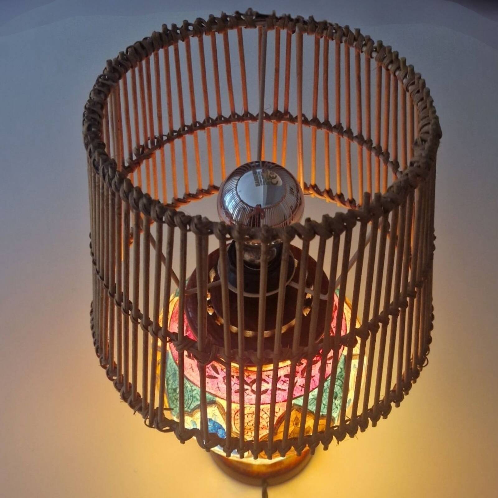 Oriental leather hand painted table lamp, Middle East 1960s