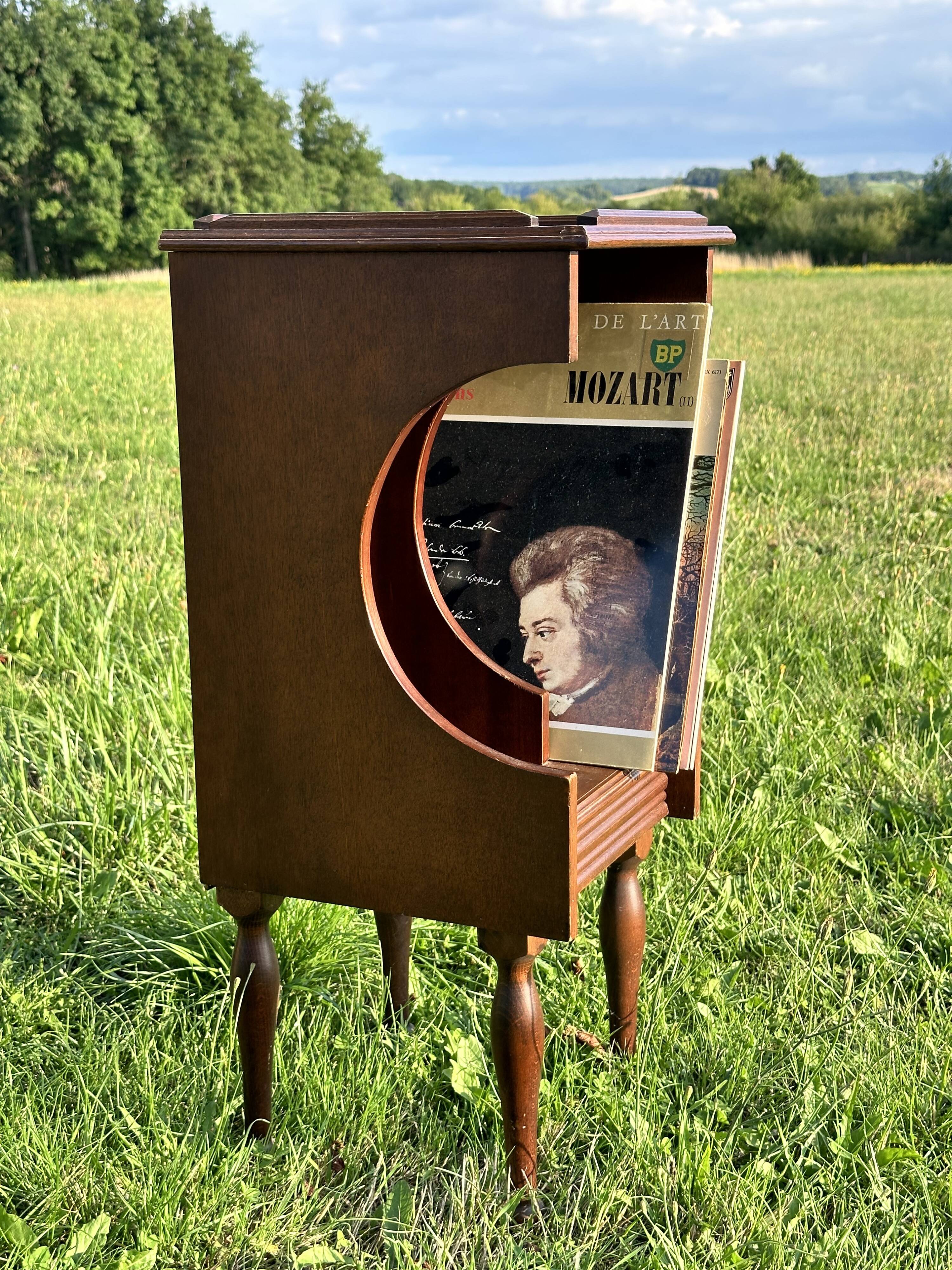 Vintage Dark Brown Wood Side Table - Vinyl Record Book Holder